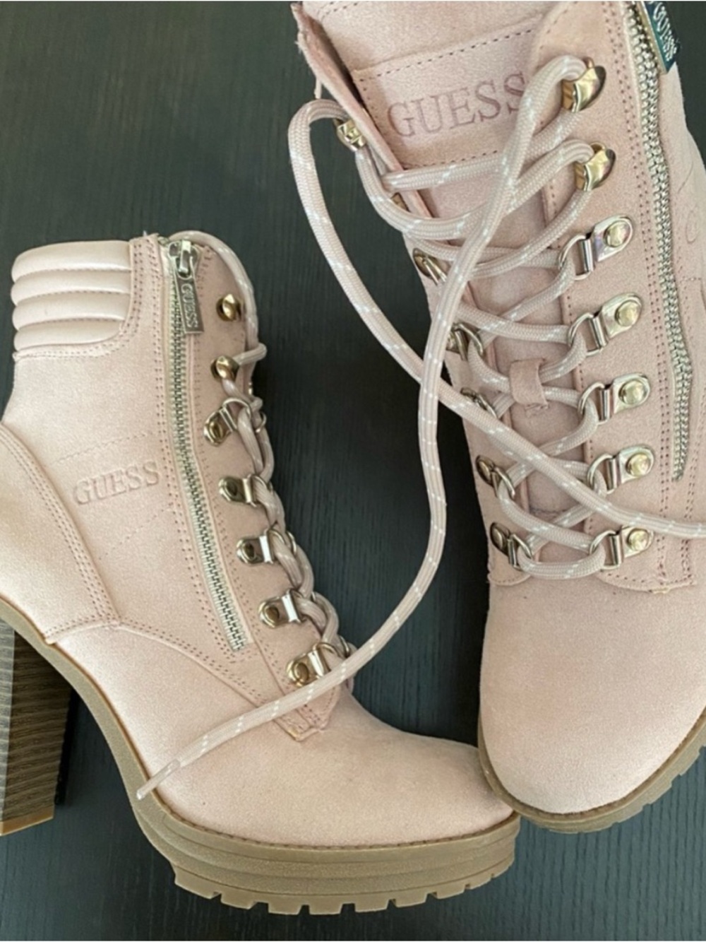 GUESS Blush Pink Suede-Look Lace-Up Heeled Ankle Boots
